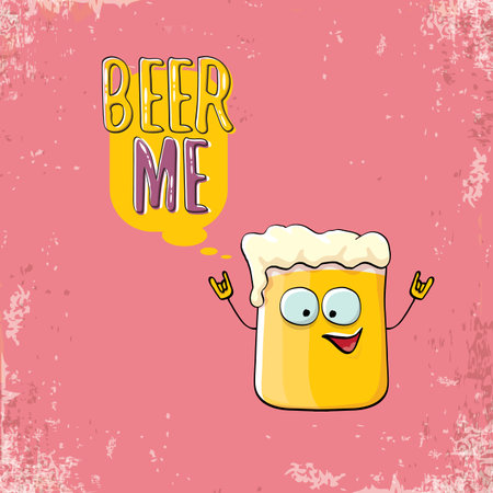 BEER ME vector illustration or summer poster. vector funky beer character with funny slogan for print on tee. International beer day or octoberfest label with sloganのイラスト素材