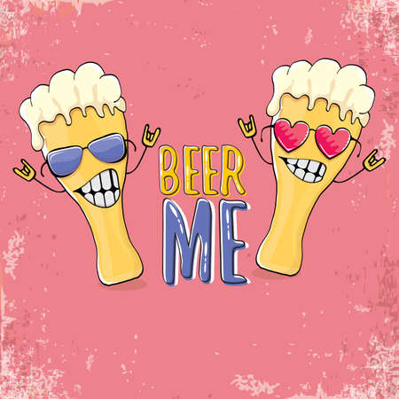 BEER ME vector illustration or summer poster. vector funky beer character with funny slogan for print on tee. International beer day or octoberfest label with sloganのイラスト素材