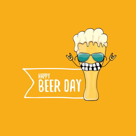 International beer day vector concept illustration or summer poster with vector funky beer character on orange background. Cartoon funny International beer day labelのイラスト素材