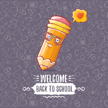 Back to school banner or poster with cartoon funky pencil and hand drawn doodle text label on grey doodle pattern background. Vector back to school background with cartoon school suppliesのイラスト素材