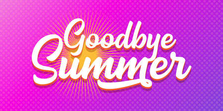 White goodbye summer vector concept text label or sticker on violet horizontal background. Goodbye summer concept illustrationのイラスト素材