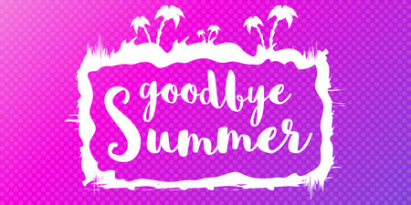 White goodbye summer vector concept text label or sticker on violet horizontal background. Goodbye summer concept illustrationのイラスト素材