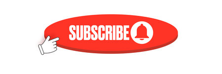 Flat subscribe button with ring bell isolated on white background. Subscribe banner design template with red flat Subscribe video or channel button and hand.のイラスト素材
