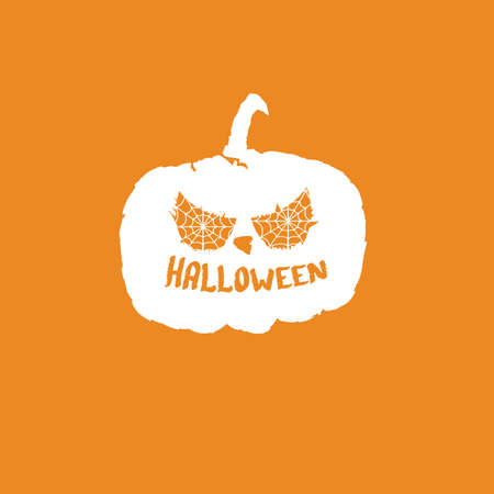 Happy Halloween Banner, greeting card or background with Vector white Halloween label with scary pumpkin isolated on orange abstract background.のイラスト素材