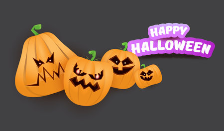 Halloween Horizontal web Banner or poster with Halloween scary pumpkins gang isolated on grey background. Funky kids Halloween concept background with greeting textのイラスト素材