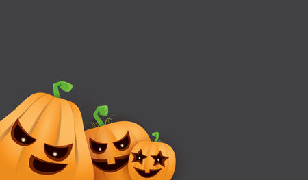 Halloween Horizontal web Banner or poster with Halloween scary pumpkins isolated on grunge grey wall background. Funky kids Halloween background with space for text and funny pumpkinsのイラスト素材