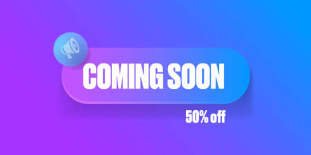coming soon banner or button on purple modern background. Coming soon sign isolated on violet layoutのイラスト素材