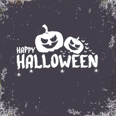 Happy Halloween Banner, greeting card or background with Vector white Halloween label with scary pumpkin isolated on grunge grey background.のイラスト素材
