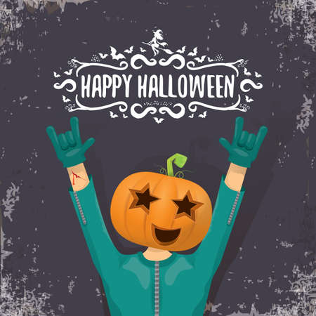 vector Happy Halloween creative hipster party background. man in Halloween costume with carved pumpkin head on grey background. Happy Halloween rock concert poster designのイラスト素材