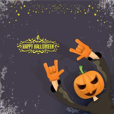 vector Happy Halloween creative hipster party background. man in Halloween costume with carved pumpkin head on grey background. Happy Halloween rock concert poster designのイラスト素材
