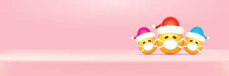 Vector Christmas horizontal banner with funky Emoji sticker with mouth medical protection mask and santa claus red hat isolated on pink podium background. Yellow santa doctor smile face character setのイラスト素材
