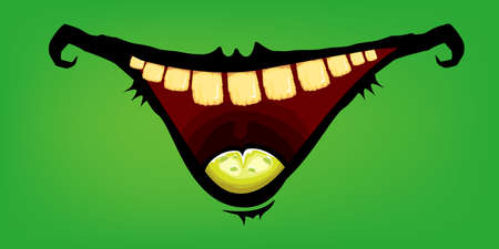 Vector cartoon funny zombie monster mouth with rotten teeth isolated on green background. Vector happy Halloween kids t-shirt design template with funky monster mouthのイラスト素材
