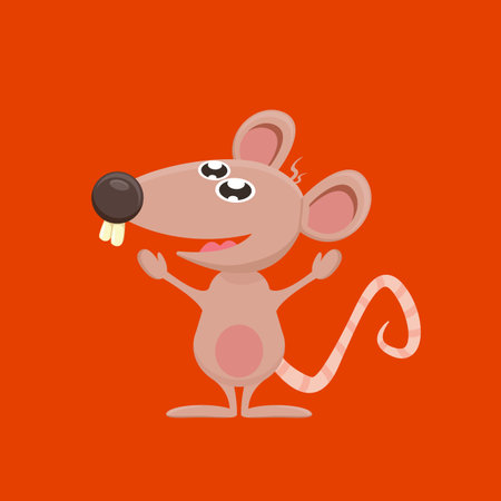 Vector cartoon funny mouse animal isolated on red background. Little cute smiling mice characterのイラスト素材