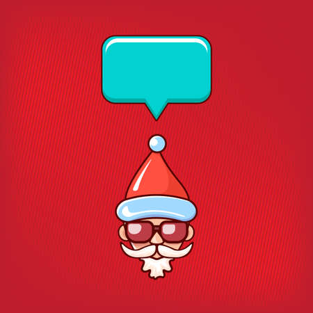 Santa Claus head with Santa red hat and hipster sunglasses and speech bubble isolated on red background. Santa Claus label or sticker design. Christmas greeting card templateのイラスト素材