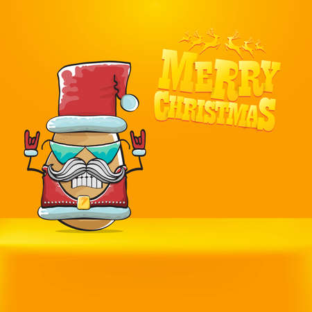 vector rock star Santa Claus potato funny cartoon cute character with red Santa hat and calligraphic merry Christmas text isolated on orange background. Rock n roll funky Christmas party bannerのイラスト素材