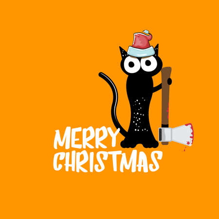 Merry Christmas greeting card or banner with Black cat with Santa hat holding bloody knife isolated on orange background. Funny Christmas black cat and knife. Christmas concept illustrationのイラスト素材