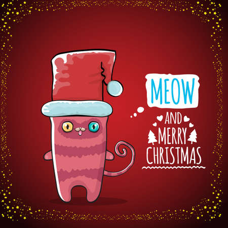 Vector Merry Christmas funky greeting card or banner with kawaii cute Santa Claus cat character with red sant hat isolated on red background. Funny Christmas kids poster or print design template.のイラスト素材