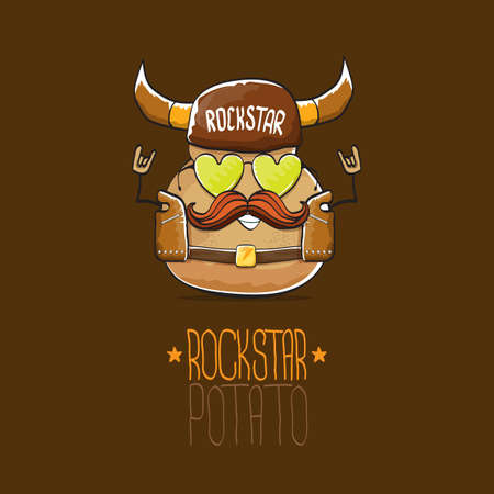 vector rock star potato funny cartoon cute character with viking helmet, leather jacket, sunglasses and moustache isolated on brown background. rock n roll hipster vegetable funky characterのイラスト素材