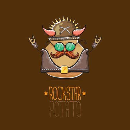 vector rock star potato funny cartoon cute character with viking helmet, leather jacket, sunglasses and moustache isolated on brown background. rock n roll hipster vegetable funky characterのイラスト素材