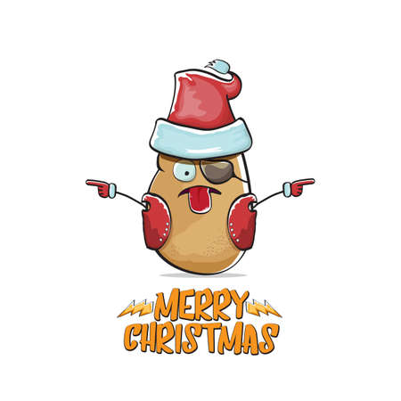 vector rock star Santa Claus potato funny cartoon cute character with red Santa hat and calligraphic merry Christmas text isolated on white background. Rock n roll funky Christmas party bannerのイラスト素材