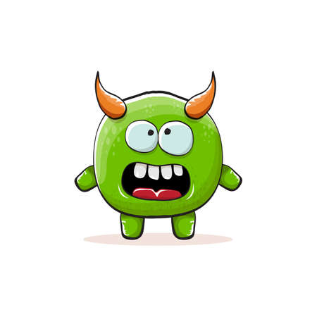 Vector cartoon funky green monster with horn isolated on white background. Smiling silly green monster print sticker design template. Ghost, troll, gremlin, goblin, devil and monsterのイラスト素材
