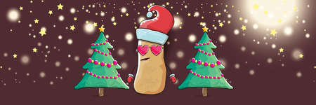 vector funky cartoon smiling santa claus potato with red santa hat and calligraphic christmas text...