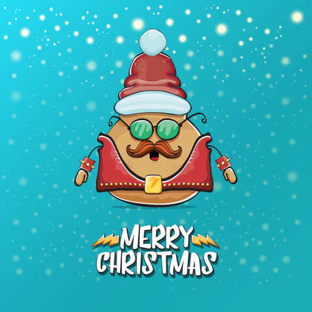 vector rock star Santa potato funny cartoon cute character with red Santa hat and calligraphic merry...