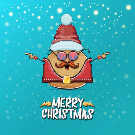 vector rock star Santa potato funny cartoon cute character with red Santa hat and calligraphic merry Christmas text isolated on a turquoise background with snow. rock n roll Christmas party posterのイラスト素材