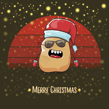 vector funky comic cartoon cute smiling Santa Claus potato with red Santa hat and cartoon merry Christmas text isolated on vintage red background with sun. Childrens Christmas card with funny Santaのイラスト素材
