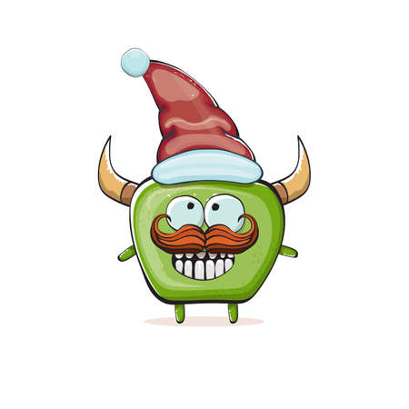 Vector cartoon funky green monster with Santa Claus red hat isolated on white background. Childrens Merry Christmas greeting card with funny monster elf Santa Claus.のイラスト素材