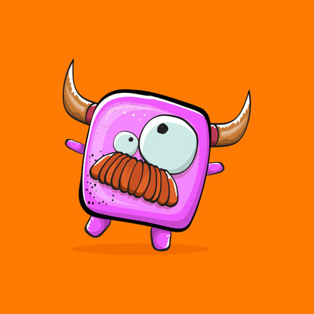 Vector cartoon funny pink monster with horn isolated on orange background. Smiling silly pink monster print sticker design template. Ghost, troll, gremlin, goblin, devil and monsterのイラスト素材