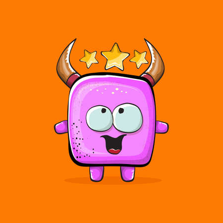 Vector cartoon funny pink monster with horn isolated on orange background. Smiling silly pink monster print sticker design template. Ghost, troll, gremlin, goblin, devil and monsterのイラスト素材