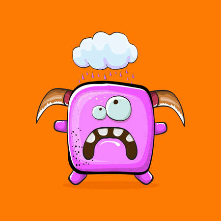 Vector cartoon funny pink monster with horn isolated on orange background. Smiling silly pink monster print sticker design template. Ghost, troll, gremlin, goblin, devil and monsterのイラスト素材