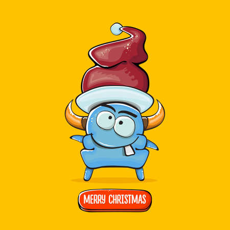 Vector cartoon funky blue monster with Santa Claus red hat isolated on orange background. Childrens Merry Christmas greeting card with funny monster elf Santa Claus.のイラスト素材