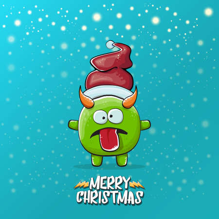 Vector cartoon funky green monster with Santa Claus red hat isolated on turquoise background with snowflakes. Childrens Merry Christmas greeting card with funny monster elf Santa Claus.のイラスト素材