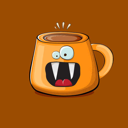 Vector cartoon coffee cup character with smiling faces isolated on brown background. Funky Kawaii orange coffee mug character. Good morning concept illustration with funny coffeeのイラスト素材