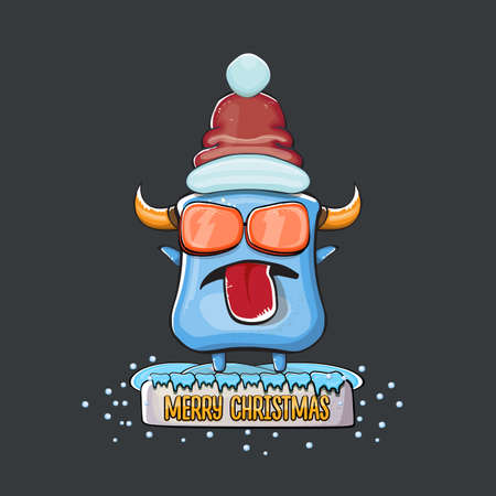 Vector cartoon funky blue monster with Santa Claus red hat isolated on grey background. Children Merry Christmas greeting card with funny monster elf Santa Claus.のイラスト素材