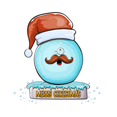 Vector cartoon snowball character with red santa claus hat isolated on white background. Childrens Merry Christmas greeting card with funny monster snow ball. Cartoon Santaのイラスト素材