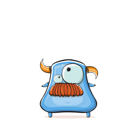 Vector cartoon funny blue monster with horn isolated on white background. Smiling silly blue monster print sticker design template. Ghost, troll, gremlin, goblin, devil and monsterのイラスト素材
