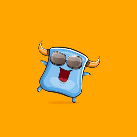 Vector cartoon funny blue monster with horn and sunglasses isolated on orange background. Smiling silly blue monster print sticker design template. Ghost, troll, gremlin, goblin, devil and monsterのイラスト素材
