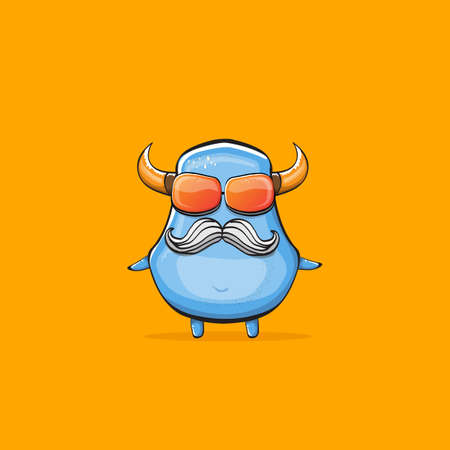 Vector cartoon funny blue monster with horn and sunglasses isolated on orange background. Smiling silly blue monster print sticker design template. Ghost, troll, gremlin, goblin, devil and monsterのイラスト素材