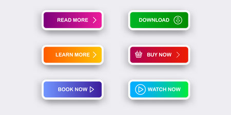 Modern material style buttons set isolated on grey background. Read more, buy now, download, book now, watch now buttons collection with gradient colors and icons with shadows.のイラスト素材