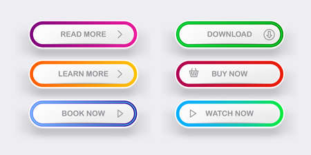 Modern material style buttons set isolated on grey background. Read more, buy now, download, book now, watch now buttons collection with gradient colors and icons with shadows.のイラスト素材