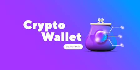Cryptocurrency wallet concept illustration with wallet and crypto coins isolated on violet background. Crypto wallet landing page and poster design template. Crypto wallet for bitcon, solana, ethereumのイラスト素材