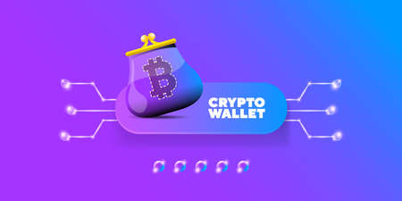 Cryptocurrency wallet concept illustration with wallet and crypto coins isolated on violet background. Crypto wallet landing page and poster design template. Crypto wallet for bitcon, solana, ethereumのイラスト素材