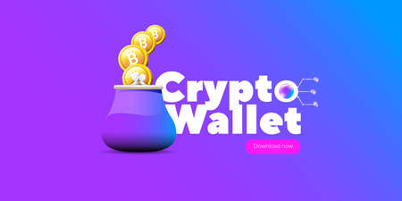 Cryptocurrency wallet concept illustration with wallet and crypto coins isolated on violet background. Crypto wallet landing page and poster design template. Crypto wallet for bitcon, solana, ethereumのイラスト素材