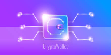 Cryptocurrency wallet concept illustration with wallet and crypto coins isolated on violet background. Crypto wallet landing page and poster design template. Crypto wallet for bitcon, solana, ethereumのイラスト素材