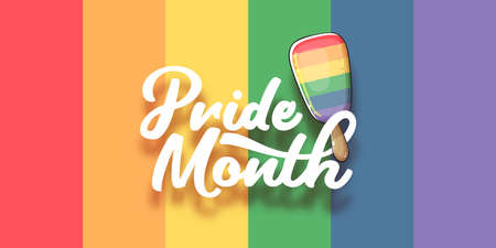 Happy pride month horizontal banner with pride color flag ice cream isolated on rainbow background. LGBT Pride month or pride day poster, invitation party card with ice cream stickのイラスト素材
