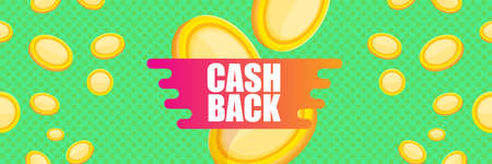 vector cash back horizontal banner design template with cash back icon and coins isolated on mint green background. cashback or money refund label horizontal bannerのイラスト素材