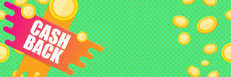 vector cash back horizontal banner design template with cash back icon and coins isolated on mint green background. cashback or money refund label horizontal bannerのイラスト素材